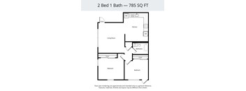 A floor plan of a 2 Bed 1 Bath apartment is 785 square feet.