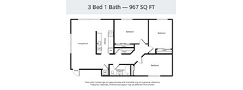 A floor plan for a 3 Bed 1 Bath house that is 967 square feet.