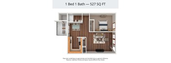 A 1 Bed 1 Bath apartment is 527 square feet.