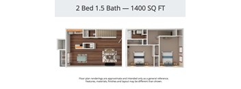 A floor plan for a 2 Bed 1.5 Bath apartment is 1400 square feet.