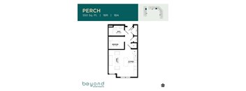 A floor plan for a perch apartment at Beyond Apartments shows a layout with a bathroom, bedroom, living room, and kitchen.