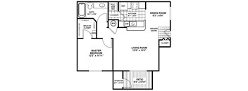 A floor plan of a house with a living room, dining room, kitchen, and bathroom.