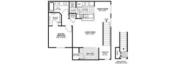 A floor plan of a home with a living room, dining room, kitchen, and master bedroom.
