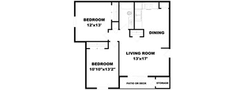 A floor plan of a house with two bedrooms, a living room, a dining area, and storage.
