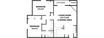 A black and white image of a house floor plan with two bedrooms, a living room, and a dining area.