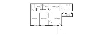 A floor plan of a house with two bedrooms, a living room, a dining room, a kitchen, a bathroom, and a patio.