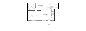 A floor plan of a house with a living room, dining room, kitchen, bedroom, and bathroom.