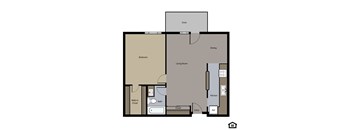 A floor plan of a house with a bedroom, living room, kitchen, bathroom, and dining area.