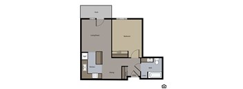 A floor plan of a house with a deck, living room, bedroom, kitchen, dining area, bathroom, closet, and entry.