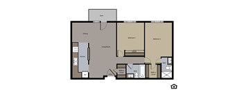 A floor plan of a house with two bedrooms, a living room, a dining area, a kitchen, a bathroom, a deck, and a walk-in closet.