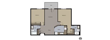 A floor plan of a house with two bedrooms, a living room, a dining area, a kitchen, a bathroom, a closet, a walk-in closet, and an entry.