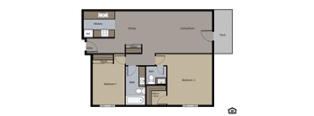 A floor plan of a house with two bedrooms, a living room, a dining area, a kitchen, a bathroom, and a deck.