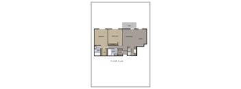 A floor plan of a house with two bedrooms, a living room, a dining area, a bathroom with a WC, a cloakroom, and a deck.