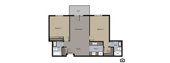 A floor plan of a house with two bedrooms, a living room, a kitchen, a dining area, a bathroom, a closet, and a deck.