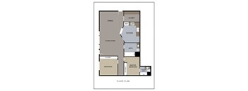 A floor plan of a house with a living room, dining area, kitchen, two bedrooms, and two bathrooms.