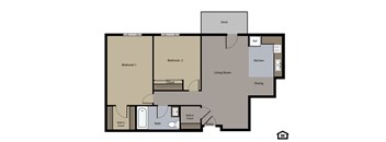 A floor plan of a house with two bedrooms, a living room, a kitchen, a dining area, a bathroom, and a deck.