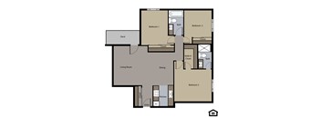 A floor plan of a house with three bedrooms, a living room, a dining area, a kitchen, a deck, and an entry.