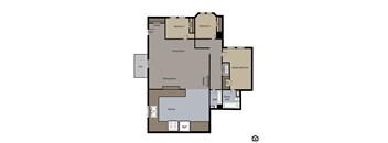 A floor plan of a house with a living room, dining room, kitchen, two bedrooms, a master bedroom with a bath, a closet, and a patio.