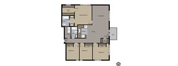 A floor plan of a house showing a living room, kitchen, dining area, and four bedrooms.