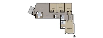 A floor plan of a house with a living room, kitchen, dining room, and four bedrooms.