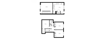 A floor plan of a house with two bedrooms, a living room, a kitchen, and a bathroom.