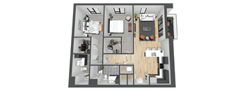 A 3D floor plan of a house with a kitchen, living room, and bedrooms.