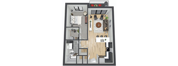 A 3D floor plan of a modern apartment with a living room, kitchen, and bedroom.