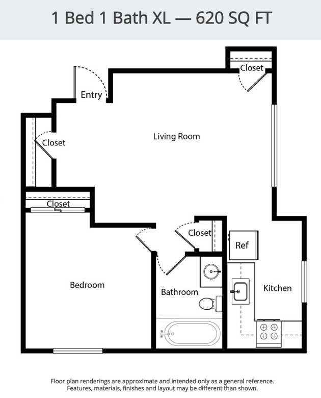 A floor plan of a 1 bedroom, 1 bathroom, xl apartment that is 620 square feet.