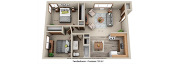 A floor plan of a two bedroom apartment with a living room and kitchen area.