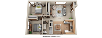 A floor plan of a two bedroom, standard 750 square feet apartment.