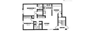 A black and white image of a floor plan for a two bedroom apartment.