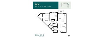 A floor plan for an apartment named Sky at 994 Sq. Ft. with 2 Bedrooms and 2 Bathrooms.