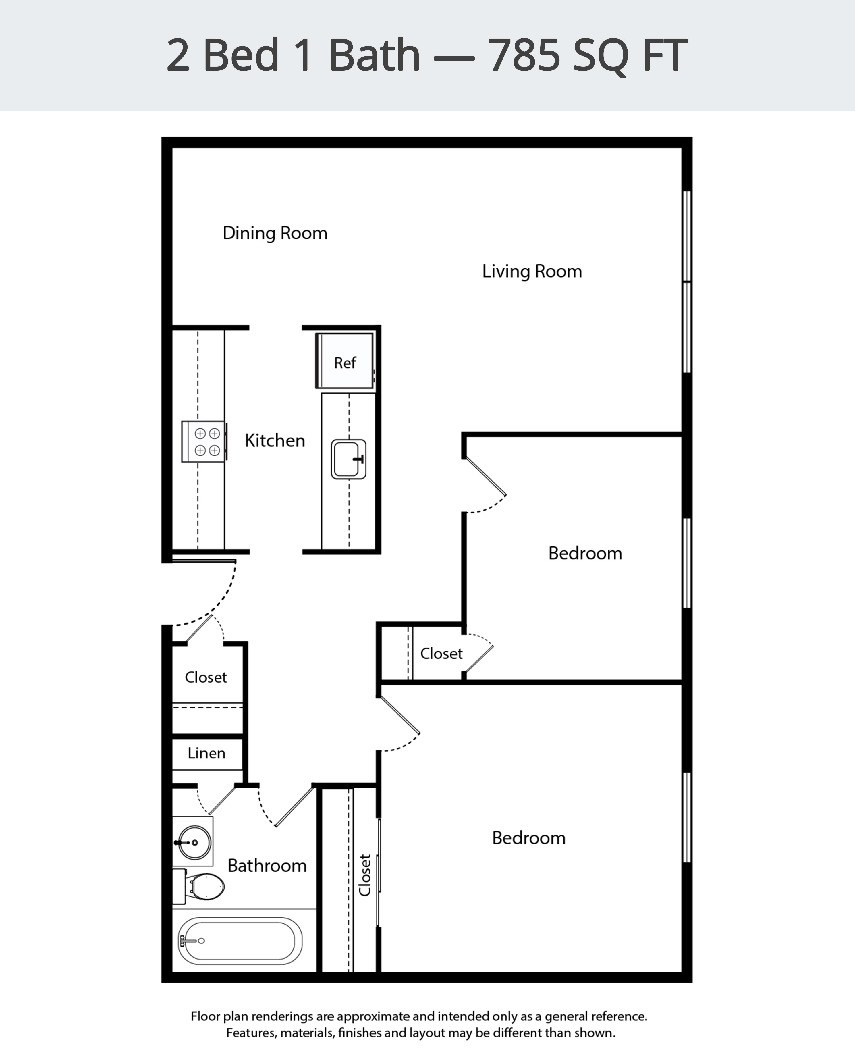 A floor plan of a 2 Bed 1 Bath apartment is 785 square feet.