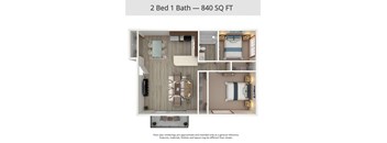 A floor plan for a 2 Bed 1 Bath apartment is 840 square feet.
