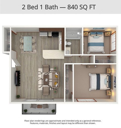 A floor plan for a 2 Bed 1 Bath apartment is 840 square feet.