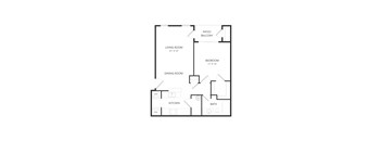 A floor plan of a small apartment with a living room, dining room, kitchen, bathroom, and bedroom.