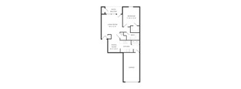 A floor plan of a house with a living room, dining room, kitchen, bedroom, bathroom and garage.