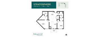 A floor plan for an apartment at Stratosphere with 2 bedrooms, 2 bathrooms, and a balcony.