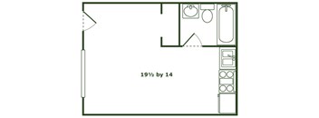 A floor plan of a room with dimensions 19 and a half by 14.