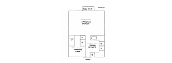 A drawing of a house layout with a living area, kitchen, bathroom, and a studio.