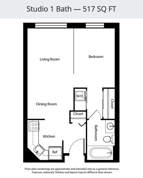 A floor plan of Studio 1 Bath - 517 SQ FT.