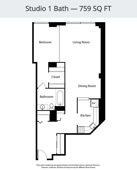 A floor plan of Studio 1 Bath - 759 SQ FT.