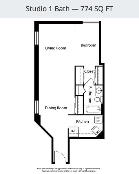 A floor plan of Studio 1 Bath - 774 SQ FT.