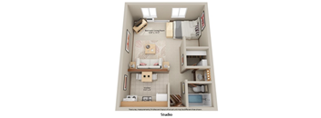 A studio apartment layout with a bedroom, living room, and kitchen.