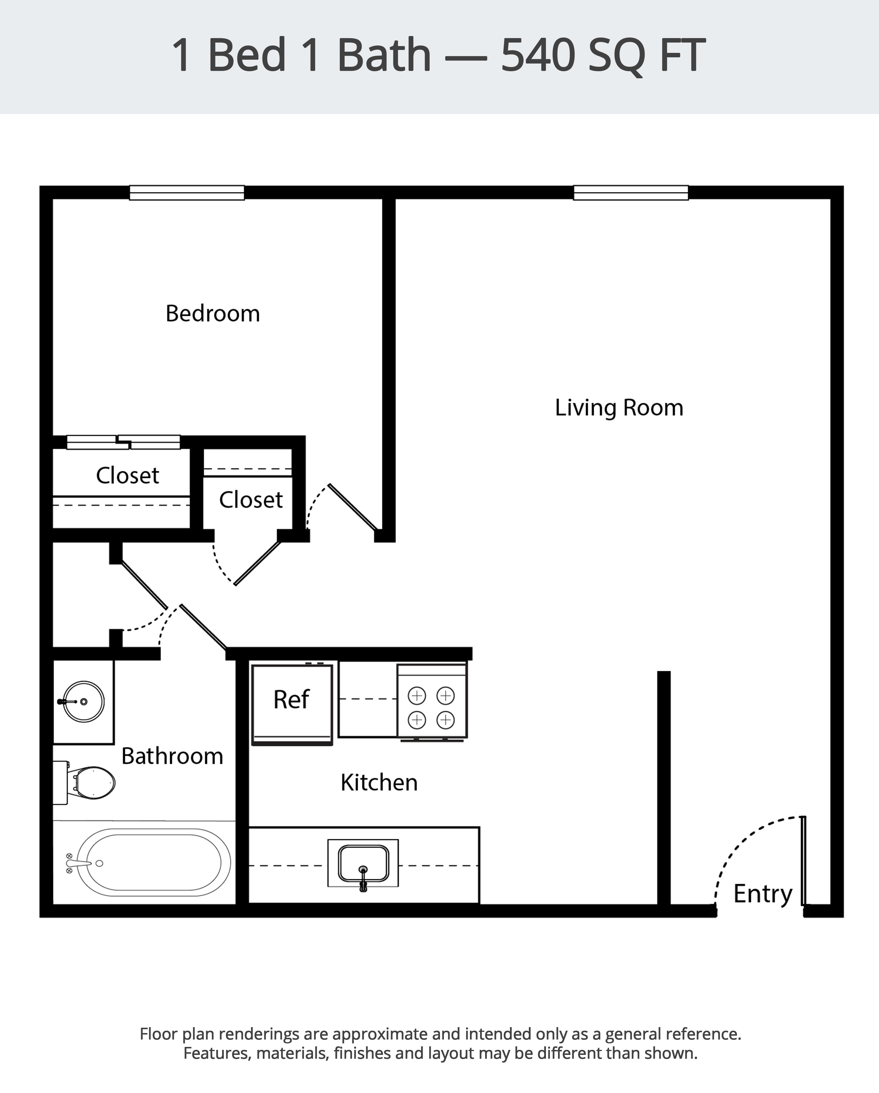 A floor plan for a 1 Bed 1 Bath - 540 SQ FT layout.