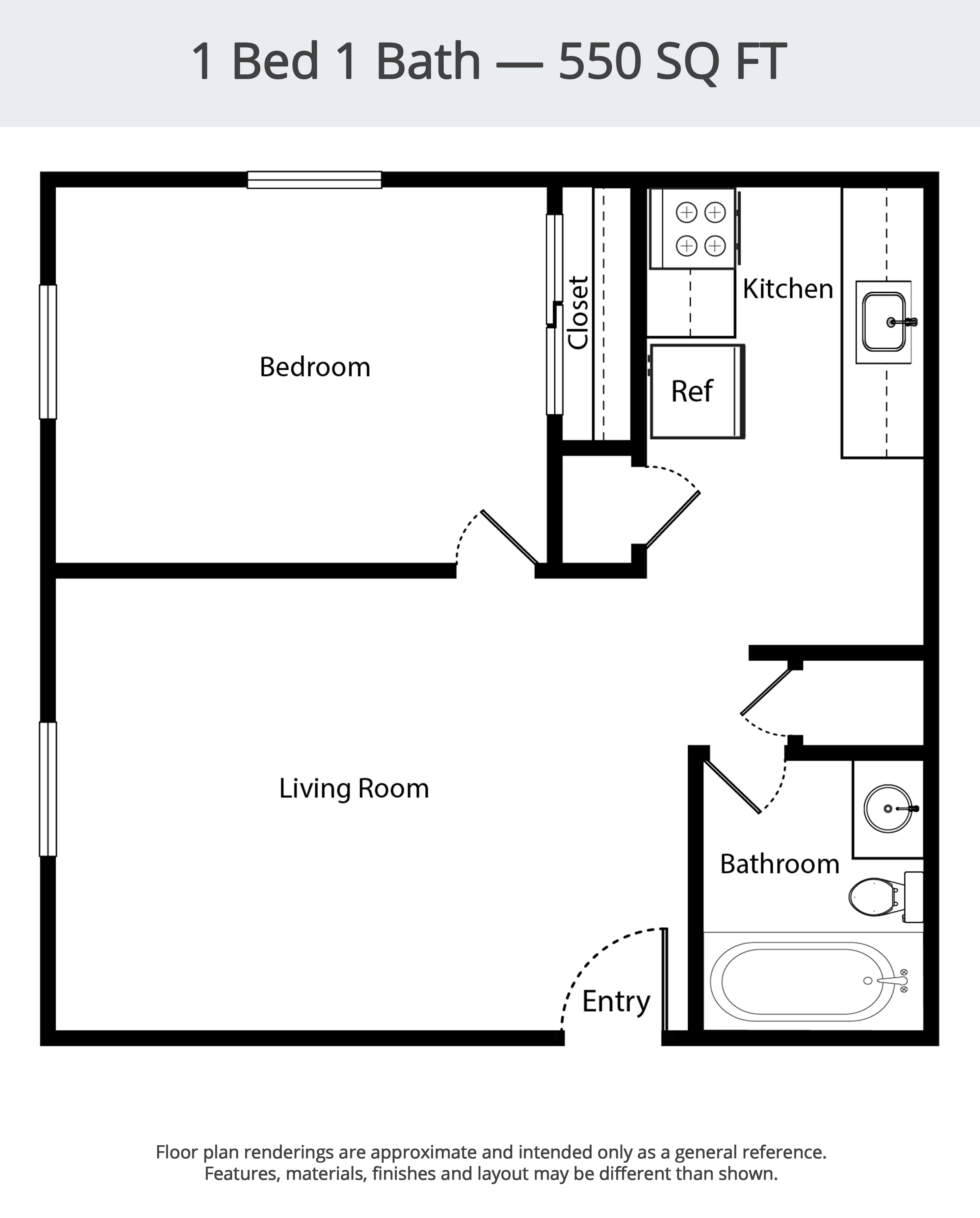 A floor plan of a 1 Bed 1 Bath apartment is 550 square feet.