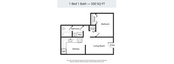 A floor plan for a 500 square foot space with one bed and one bath.