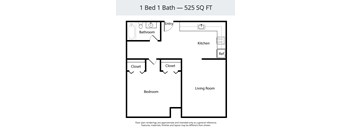 A floor plan of a 525 square foot one bedroom apartment.