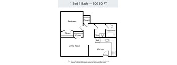 A floor plan of a 500 square foot one bedroom apartment.