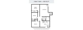 A floor plan of a 3 Bed 1 Bath - 900 SQ FT.